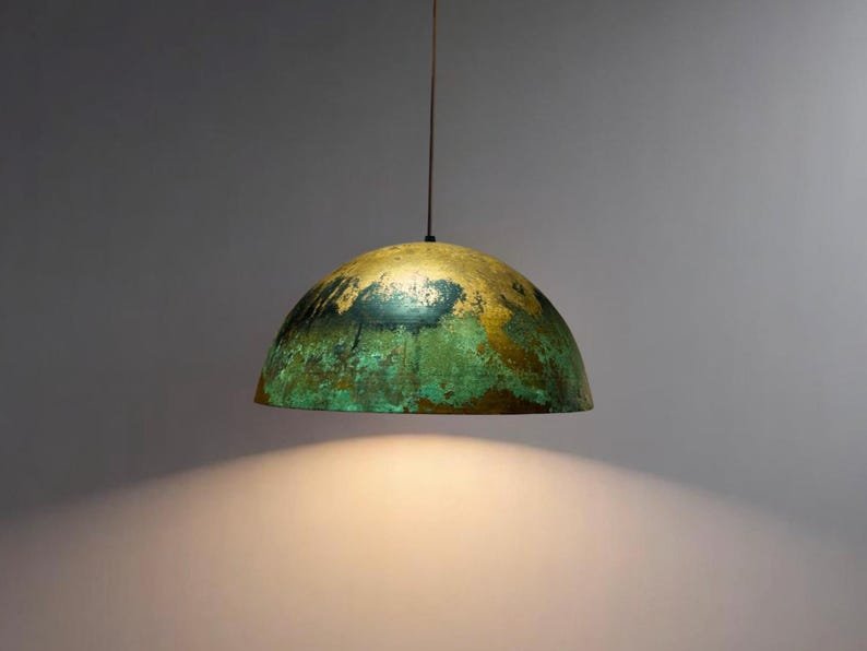 Green Gold Patina Copper Dome Pendant Light, Handmade Moroccan Verdigris Kitchen Island Chandelier, Rustic Boho Farmhouse Hanging Ceiling Light Fixture