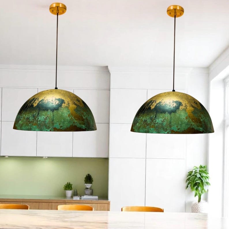 Green Gold Patina Copper Dome Pendant Light, Handmade Moroccan Verdigris Kitchen Island Chandelier, Rustic Boho Farmhouse Hanging Ceiling Light Fixture