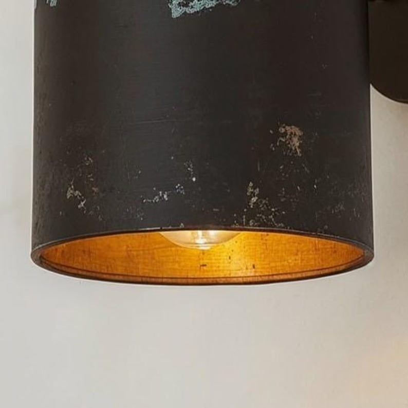 Handmade Brass Wall Sconce with Copper and Verdigris Patina – Cylindrical Black Brass Wall Light with Curved Arm for Bedroom, Bathroom, Hallway, Entryway and Rustic Décor