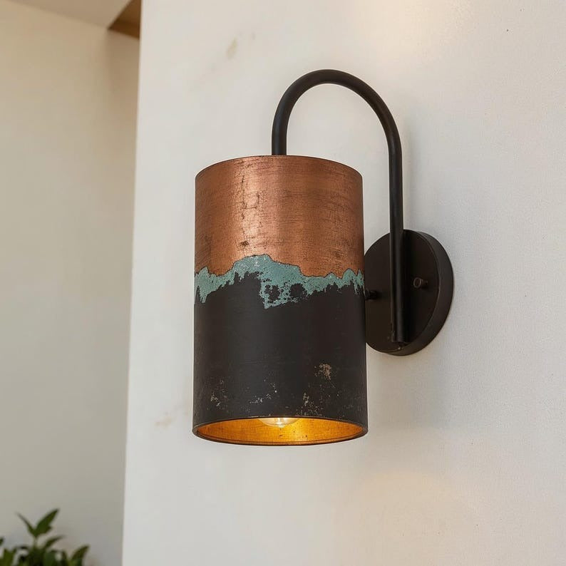 Handmade Brass Wall Sconce with Copper and Verdigris Patina – Cylindrical Black Brass Wall Light with Curved Arm for Bedroom, Bathroom, Hallway, Entryway and Rustic Décor