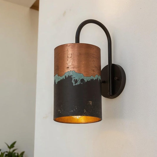 Handmade Brass Wall Sconce with Copper and Verdigris Patina – Cylindrical Black Brass Wall Light with Curved Arm for Bedroom, Bathroom, Hallway, Entryway and Rustic Décor