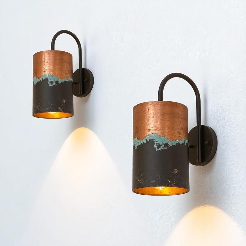 Handmade Brass Wall Sconce with Copper and Verdigris Patina – Cylindrical Black Brass Wall Light with Curved Arm for Bedroom, Bathroom, Hallway, Entryway and Rustic Décor