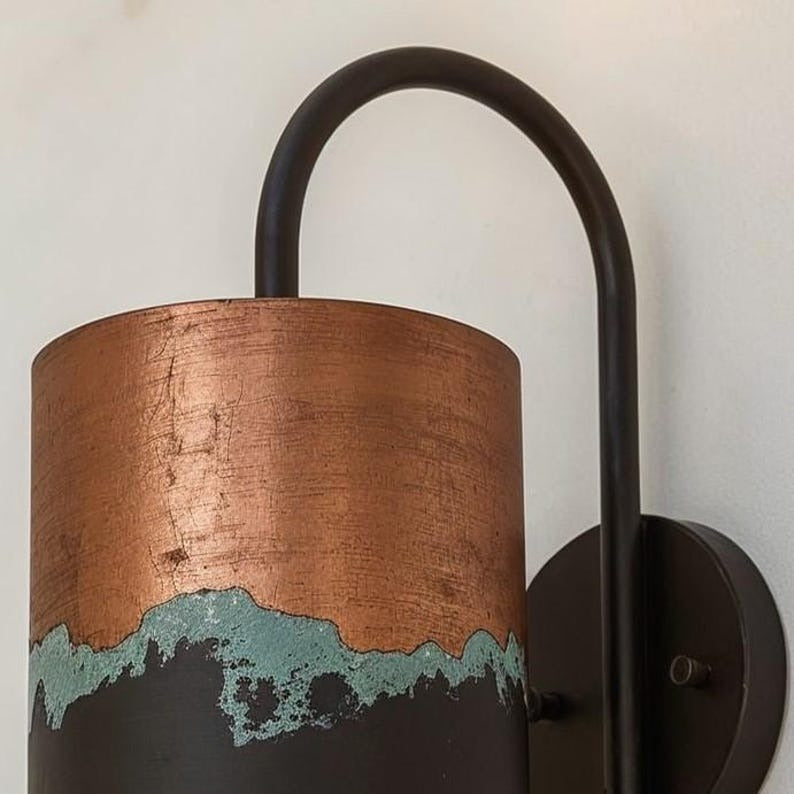 Handmade Brass Wall Sconce with Copper and Verdigris Patina – Cylindrical Black Brass Wall Light with Curved Arm for Bedroom, Bathroom, Hallway, Entryway and Rustic Décor