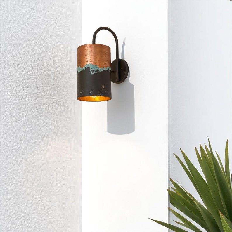 Handmade Brass Wall Sconce with Copper and Verdigris Patina – Cylindrical Black Brass Wall Light with Curved Arm for Bedroom, Bathroom, Hallway, Entryway and Rustic Décor