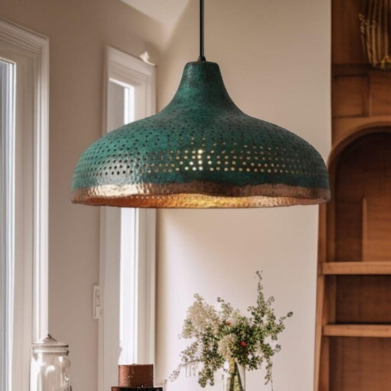 Set of 3 Handmade Moroccan Brass Pendant Lights – Green Patina Hammered Dome Ceiling Lamps with Pierced Detail, Kitchen Island & Dining Room Lighting