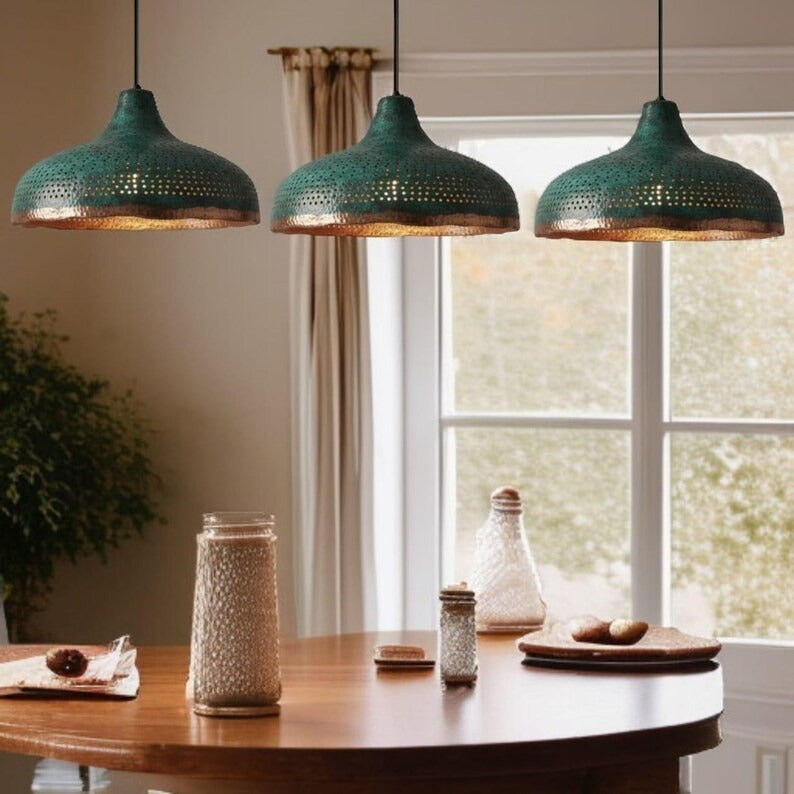 Set of 2 Handmade Moroccan Brass Pendant Lights – Green Patina Hammered Dome Ceiling Lamps with Pierced Detail, Kitchen Island & Dining Room Lighting