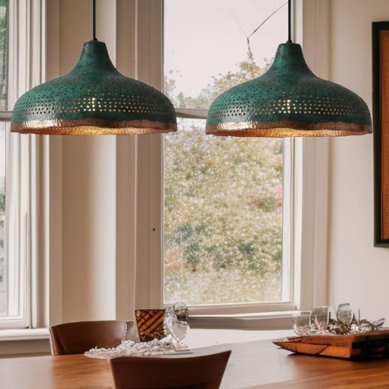 Set of 2 Handmade Moroccan Brass Pendant Lights – Green Patina Hammered Dome Ceiling Lamps with Pierced Detail, Kitchen Island & Dining Room Lighting