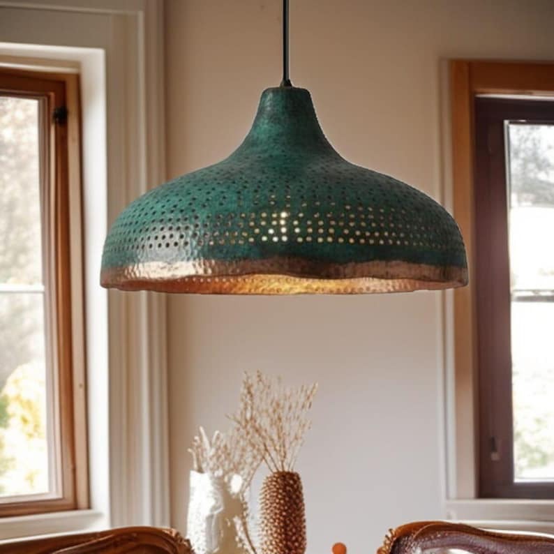 Set of 3 Handmade Moroccan Brass Pendant Lights – Green Patina Hammered Dome Ceiling Lamps with Pierced Detail, Kitchen Island & Dining Room Lighting
