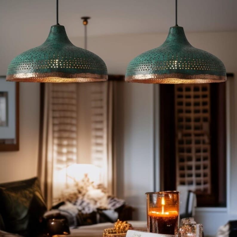 Set of 3 Handmade Moroccan Brass Pendant Lights – Green Patina Hammered Dome Ceiling Lamps with Pierced Detail, Kitchen Island & Dining Room Lighting