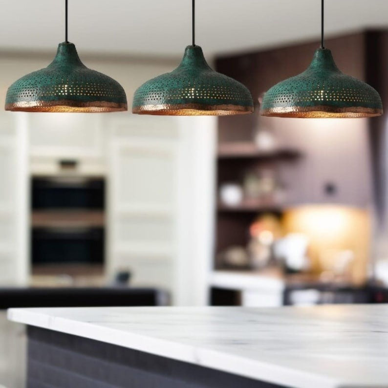 Set of 2 Handmade Moroccan Brass Pendant Lights – Green Patina Hammered Dome Ceiling Lamps with Pierced Detail, Kitchen Island & Dining Room Lighting
