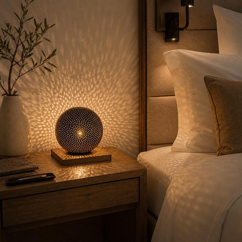 Moroccan Pierced Globe Table Lamp, Handmade Brass Bedside Shadow Lamp, Boho Arabic Nightstand Light, Rustic Filigree Decorative Accent Lamp