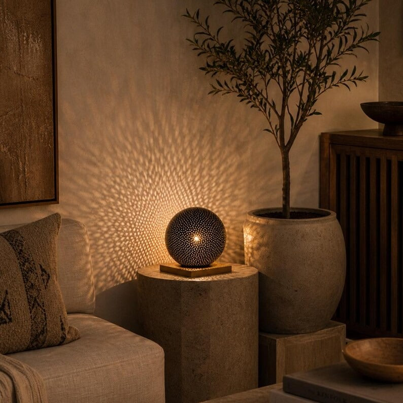 Moroccan Pierced Globe Table Lamp, Handmade Brass Bedside Shadow Lamp, Boho Arabic Nightstand Light, Rustic Filigree Decorative Accent Lamp