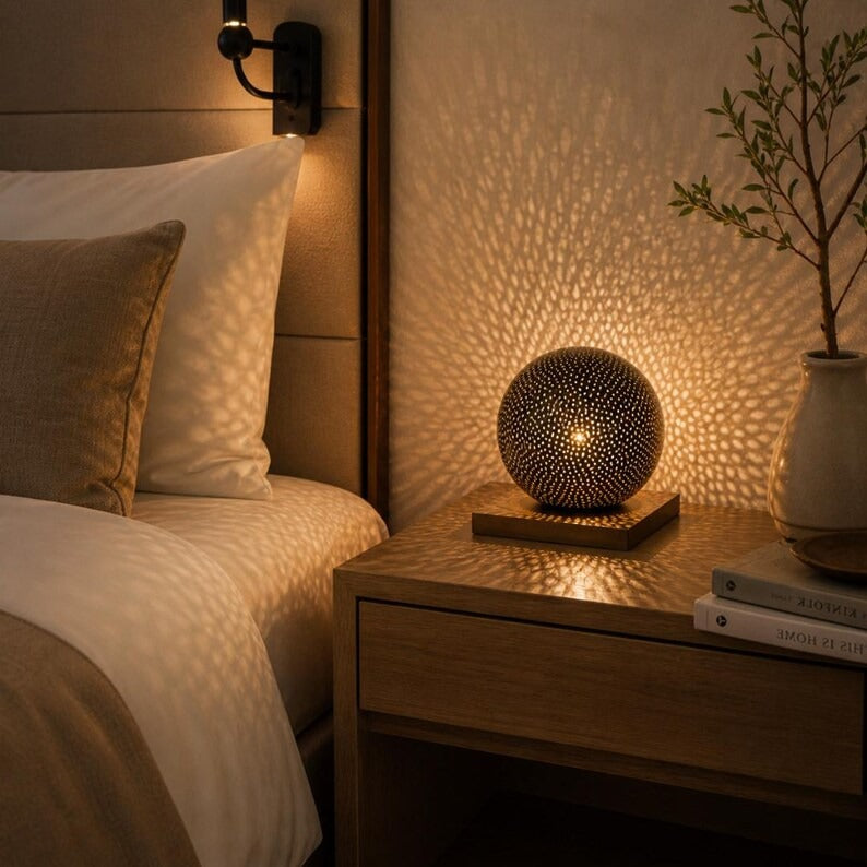 Moroccan Pierced Globe Table Lamp, Handmade Brass Bedside Shadow Lamp, Boho Arabic Nightstand Light, Rustic Filigree Decorative Accent Lamp
