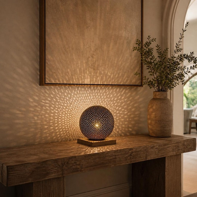 Moroccan Pierced Globe Table Lamp, Handmade Brass Bedside Shadow Lamp, Boho Arabic Nightstand Light, Rustic Filigree Decorative Accent Lamp