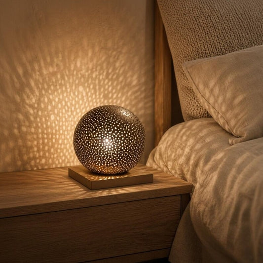 Moroccan Pierced Globe Table Lamp, Handmade Brass Bedside Shadow Lamp, Boho Arabic Nightstand Light, Rustic Filigree Decorative Accent Lamp