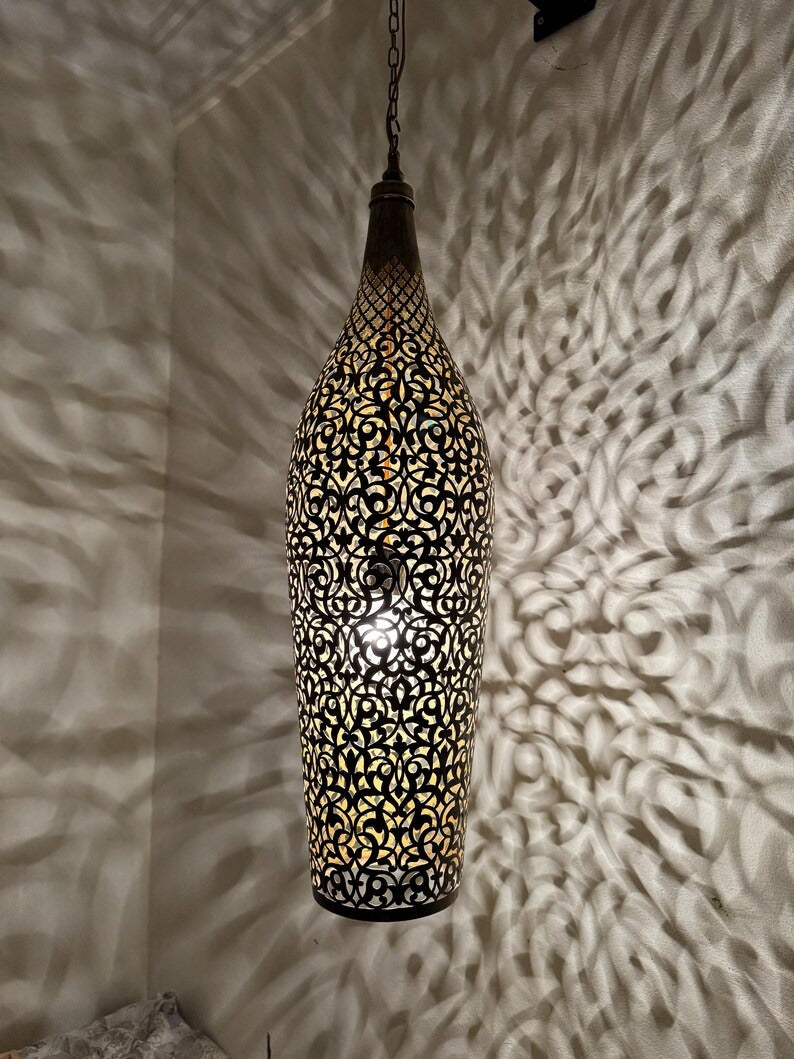 Moroccan Pierced Tall Bottle Lantern Pendant Light, Handmade Moorish Filigree Hanging Lamp, Boho Arabic Shadow Chandelier, Rustic Black Metal Ceiling Light Fixture