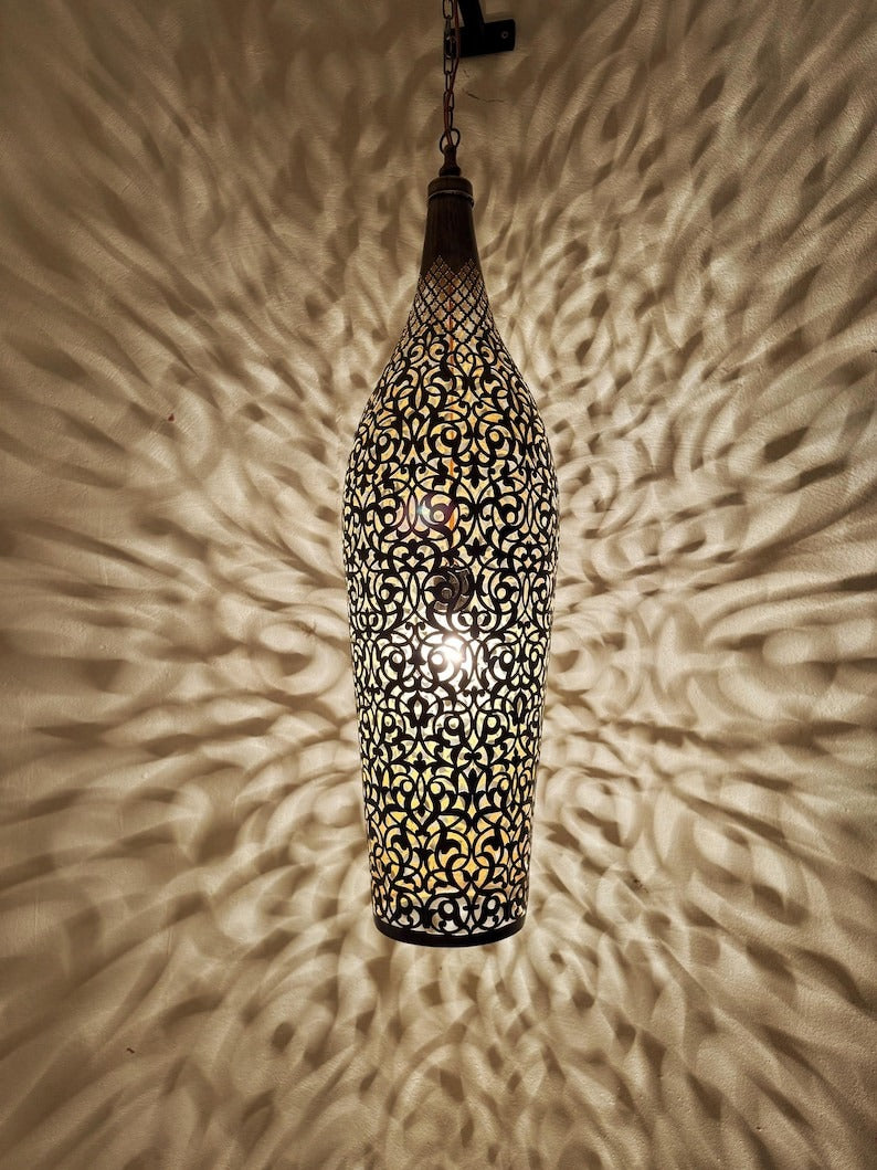Moroccan Pierced Tall Bottle Lantern Pendant Light, Handmade Moorish Filigree Hanging Lamp, Boho Arabic Shadow Chandelier, Rustic Black Metal Ceiling Light Fixture