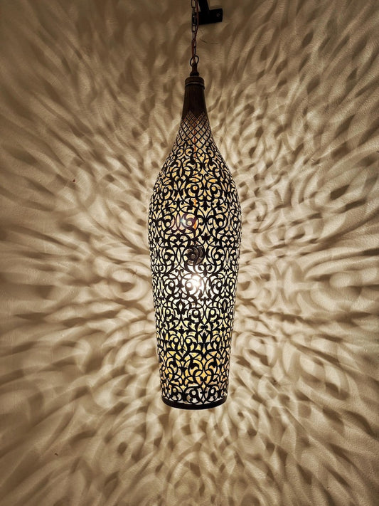 Moroccan Pierced Tall Bottle Lantern Pendant Light, Handmade Moorish Filigree Hanging Lamp, Boho Arabic Shadow Chandelier, Rustic Black Metal Ceiling Light Fixture