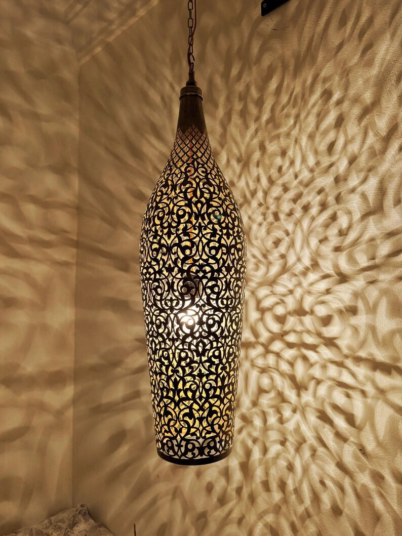 Moroccan Pierced Tall Bottle Lantern Pendant Light, Handmade Moorish Filigree Hanging Lamp, Boho Arabic Shadow Chandelier, Rustic Black Metal Ceiling Light Fixture