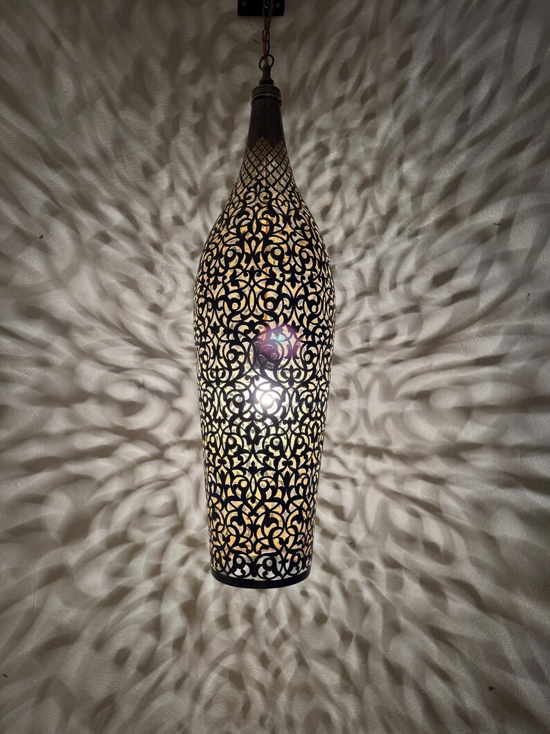 Moroccan Pierced Tall Bottle Lantern Pendant Light, Handmade Moorish Filigree Hanging Lamp, Boho Arabic Shadow Chandelier, Rustic Black Metal Ceiling Light Fixture