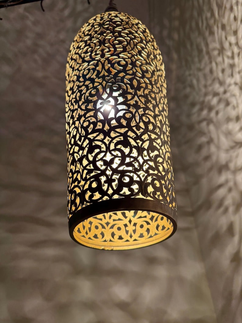 Moroccan Pierced Tall Bottle Lantern Pendant Light, Handmade Moorish Filigree Hanging Lamp, Boho Arabic Shadow Chandelier, Rustic Black Metal Ceiling Light Fixture