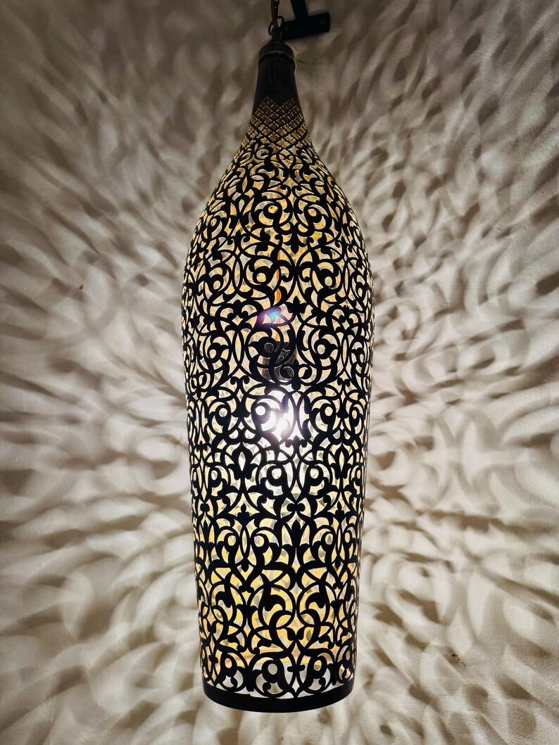 Moroccan Pierced Tall Bottle Lantern Pendant Light, Handmade Moorish Filigree Hanging Lamp, Boho Arabic Shadow Chandelier, Rustic Black Metal Ceiling Light Fixture