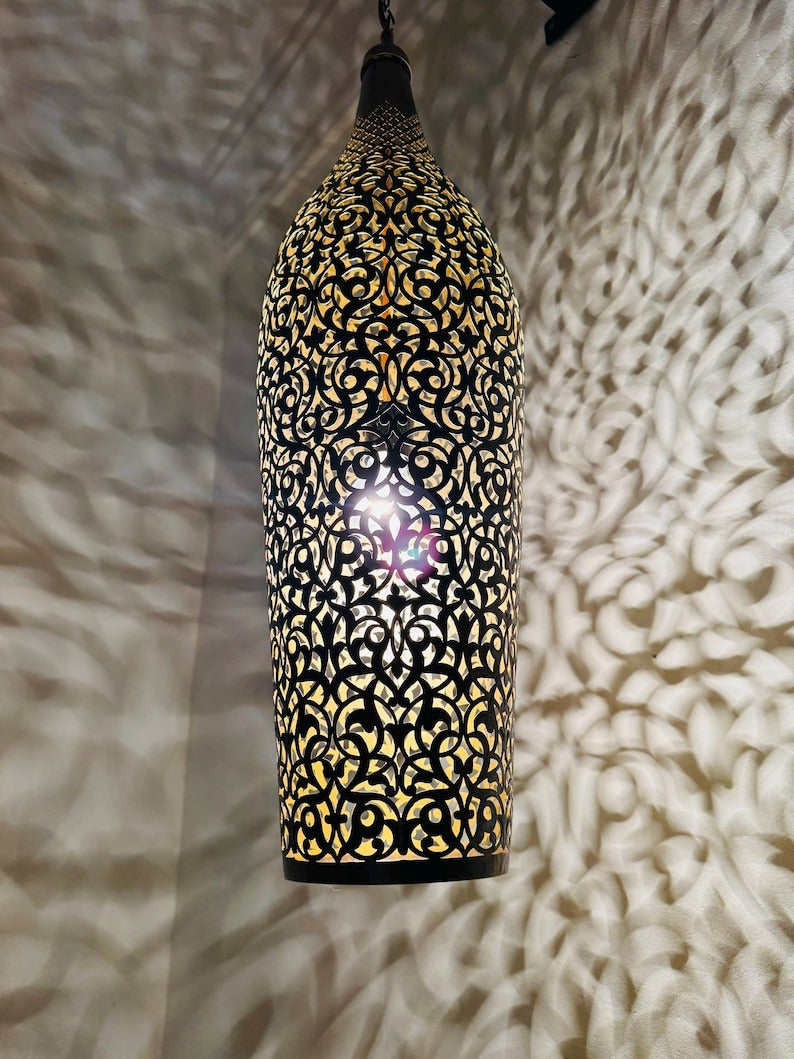 Moroccan Pierced Tall Bottle Lantern Pendant Light, Handmade Moorish Filigree Hanging Lamp, Boho Arabic Shadow Chandelier, Rustic Black Metal Ceiling Light Fixture
