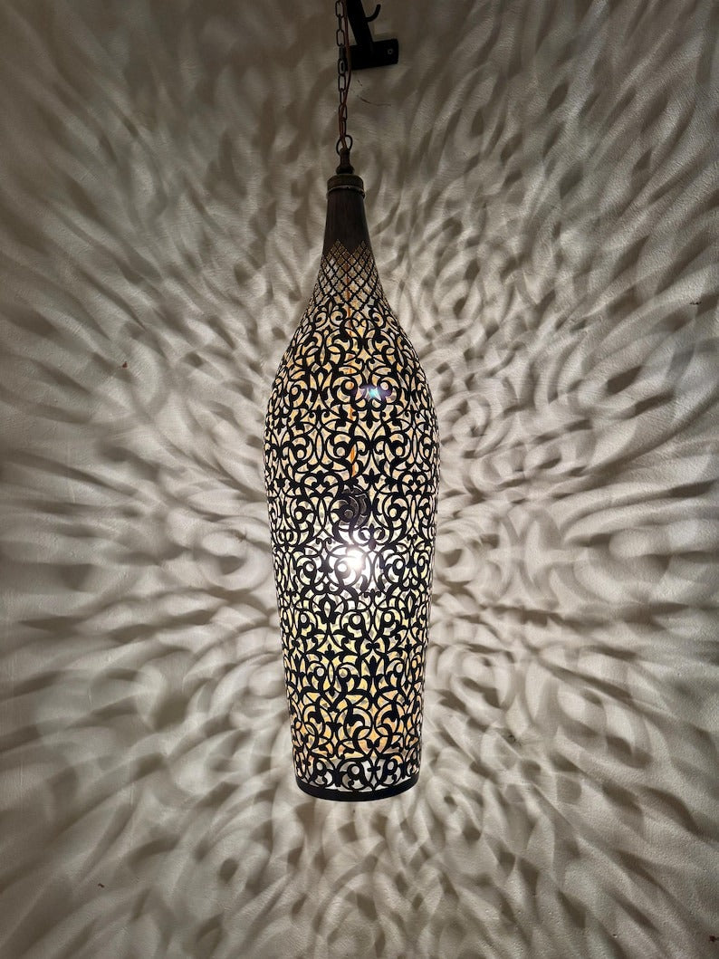 Moroccan Pierced Tall Bottle Lantern Pendant Light, Handmade Moorish Filigree Hanging Lamp, Boho Arabic Shadow Chandelier, Rustic Black Metal Ceiling Light Fixture