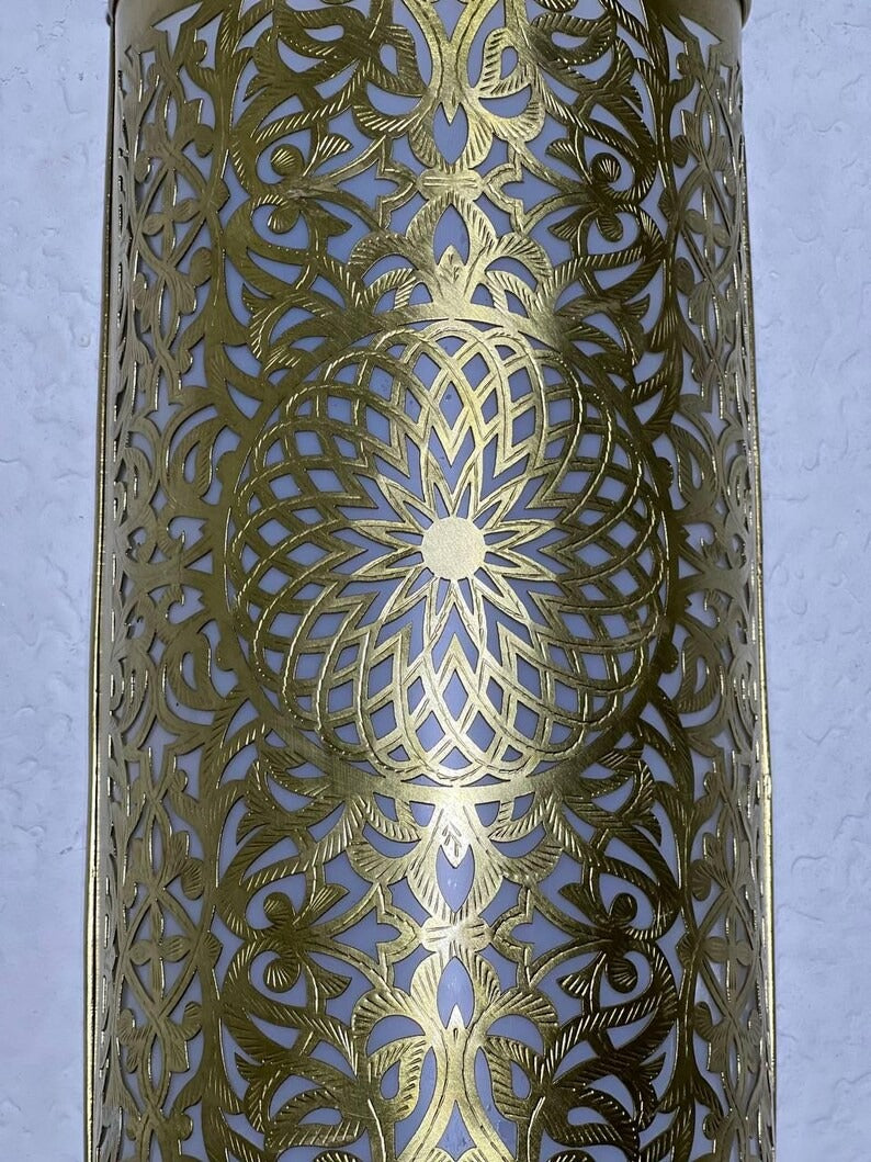 Handmade Brass Moroccan Wall Sconce – Cylindrical Pierced Brass Wall Light, Boho Floral Shadow Lamp, Artisan Moroccan Brass Wall Lighting Fixture