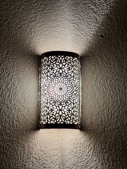 Handmade Brass Moroccan Wall Sconce – Cylindrical Pierced Brass Wall Light, Boho Floral Shadow Lamp, Artisan Moroccan Brass Wall Lighting Fixture