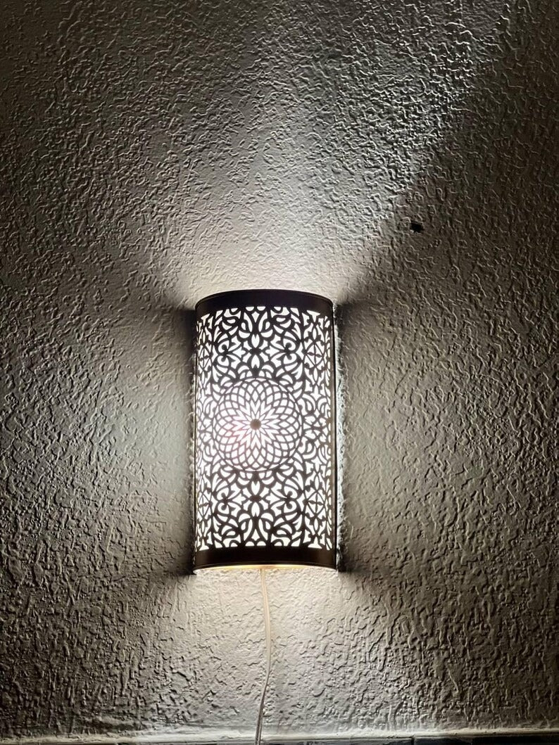 Handmade Brass Moroccan Wall Sconce – Cylindrical Pierced Brass Wall Light, Boho Floral Shadow Lamp, Artisan Moroccan Brass Wall Lighting Fixture