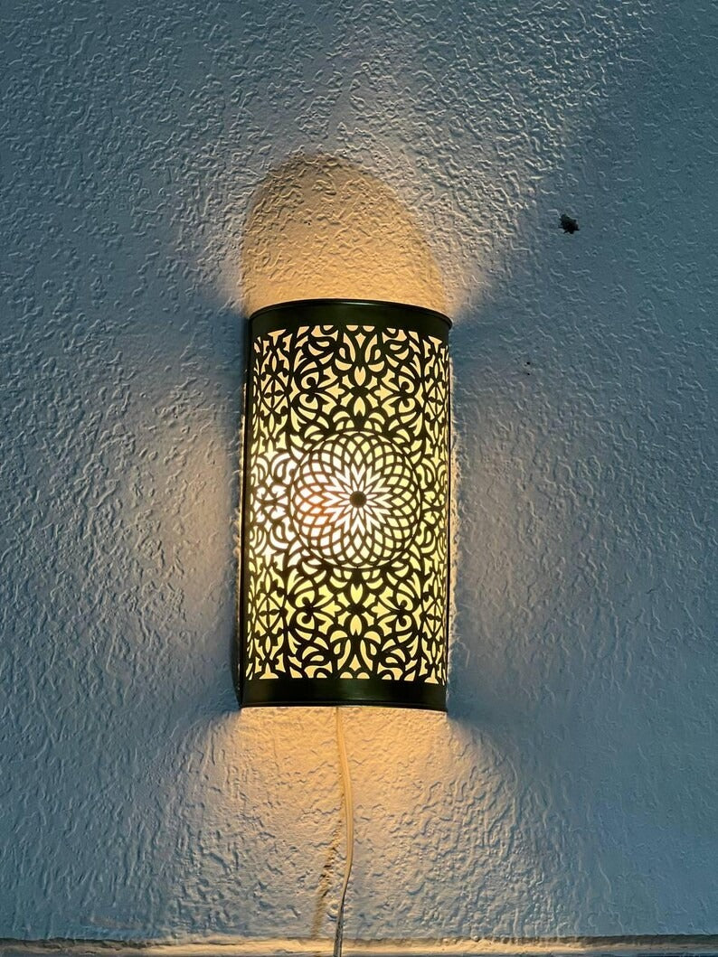 Handmade Brass Moroccan Wall Sconce – Cylindrical Pierced Brass Wall Light, Boho Floral Shadow Lamp, Artisan Moroccan Brass Wall Lighting Fixture