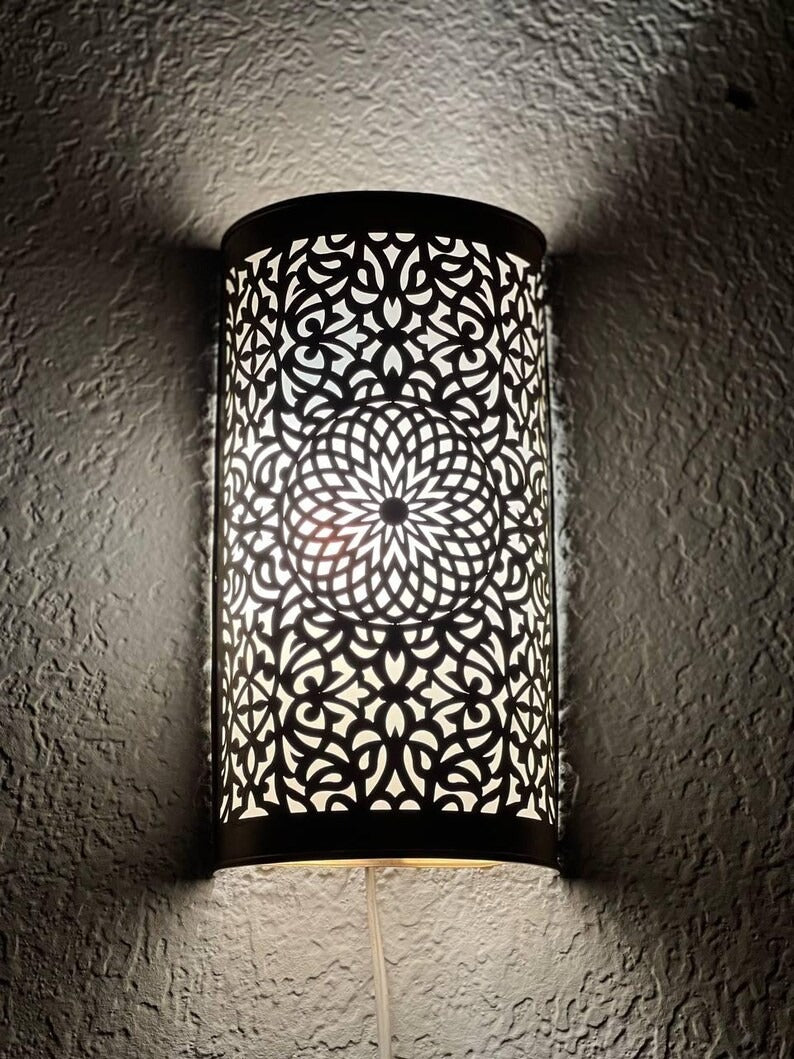 Handmade Brass Moroccan Wall Sconce – Cylindrical Pierced Brass Wall Light, Boho Floral Shadow Lamp, Artisan Moroccan Brass Wall Lighting Fixture