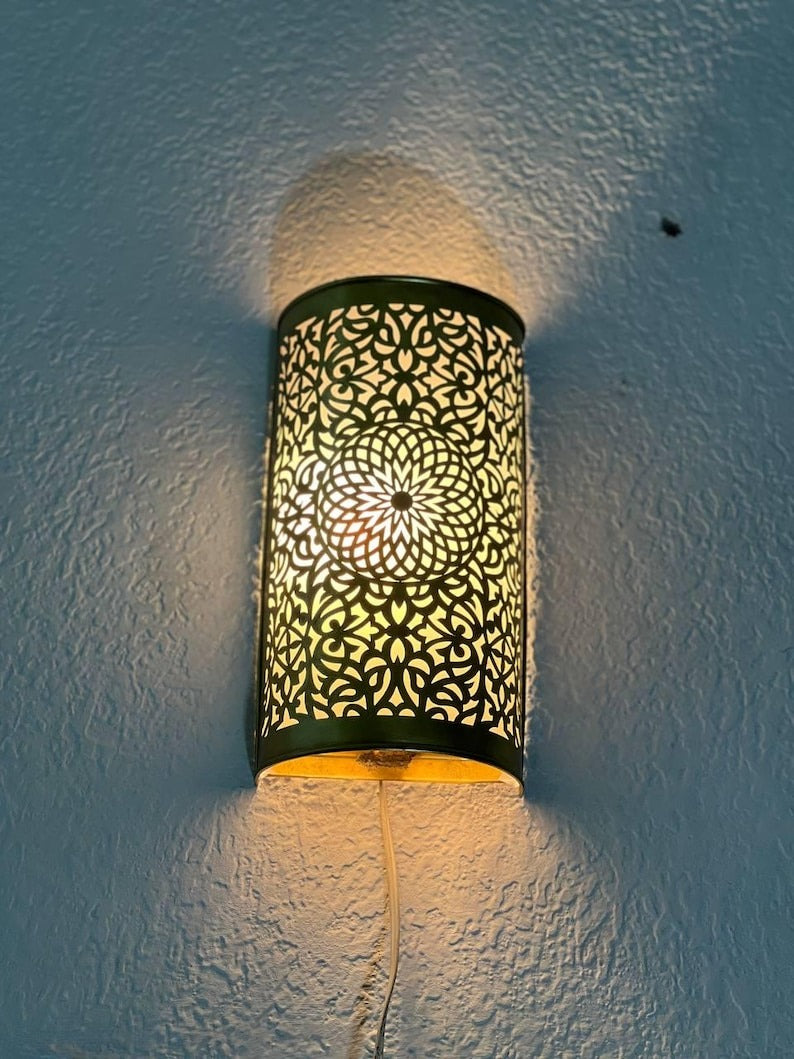 Handmade Brass Moroccan Wall Sconce – Cylindrical Pierced Brass Wall Light, Boho Floral Shadow Lamp, Artisan Moroccan Brass Wall Lighting Fixture