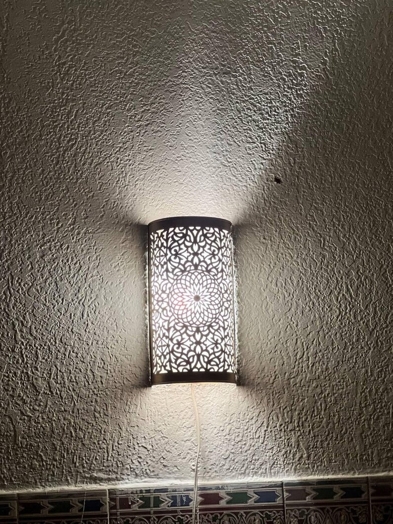 Handmade Brass Moroccan Wall Sconce – Cylindrical Pierced Brass Wall Light, Boho Floral Shadow Lamp, Artisan Moroccan Brass Wall Lighting Fixture