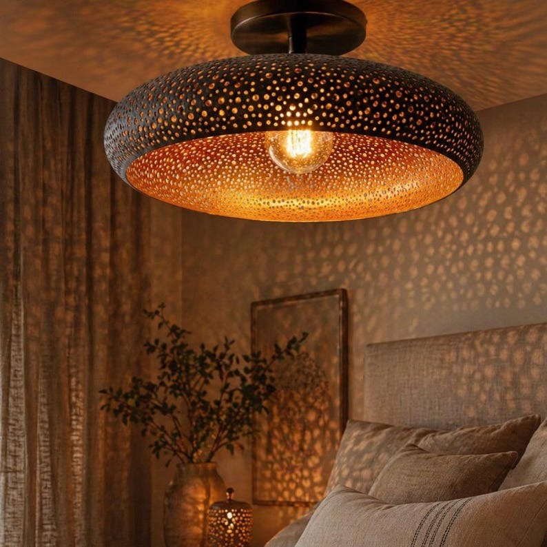 Moroccan Black and Copper Pierced Saucer Pendant Light, Handmade Moorish Dot Pattern Chandelier, Boho Arabic Shadow Lamp, Rustic Two Tone Ceiling Light Fixture