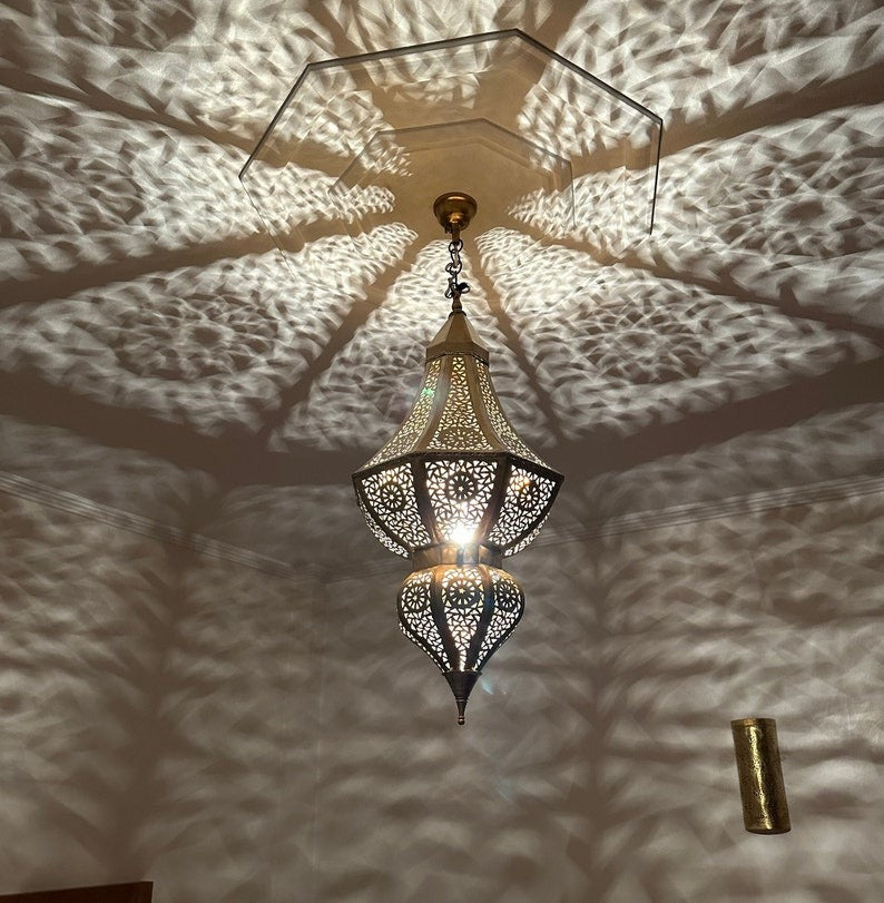 Moroccan Pierced Brass Lantern Chandelier, Handmade Moorish Geometric Hanging Pendant Light, Boho Arabic Shadow Lamp, Gold Filigree Ceiling Light Fixture