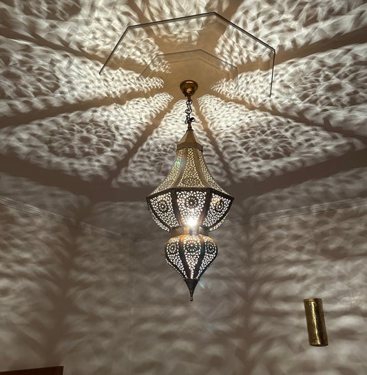 Moroccan Pierced Brass Lantern Chandelier, Handmade Moorish Geometric Hanging Pendant Light, Boho Arabic Shadow Lamp, Gold Filigree Ceiling Light Fixture