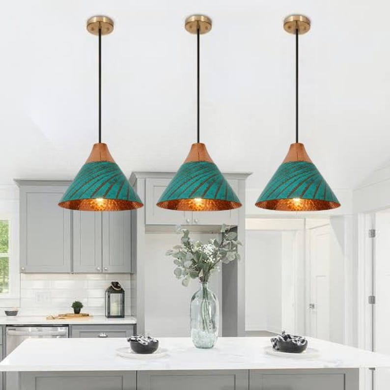Handmade Turquoise Patina Brass Pendant Light – Moroccan Cone Dome Hanging Lamp with Copper Top & Warm Hammered Interior for Kitchen Island, Dining Room & Boho Home Décor