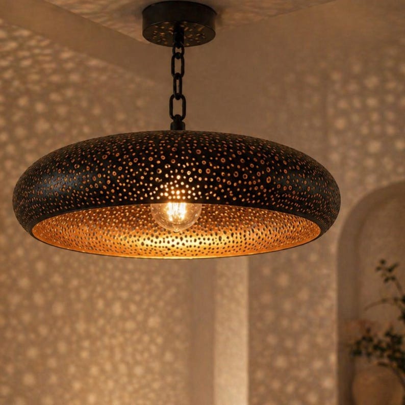 Moroccan Black and Copper Pierced Saucer Pendant Light, Handmade Moorish Dot Pattern Chandelier, Boho Arabic Shadow Lamp, Rustic Two Tone Ceiling Light Fixture