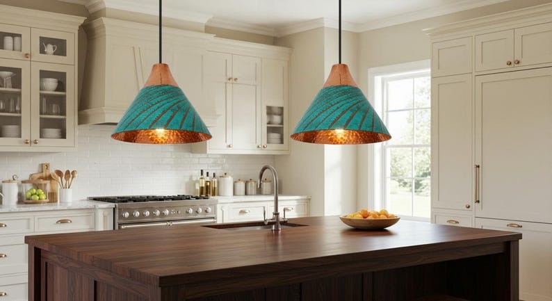 Handmade Turquoise Patina Brass Pendant Light – Moroccan Cone Dome Hanging Lamp with Copper Top & Warm Hammered Interior for Kitchen Island, Dining Room & Boho Home Décor