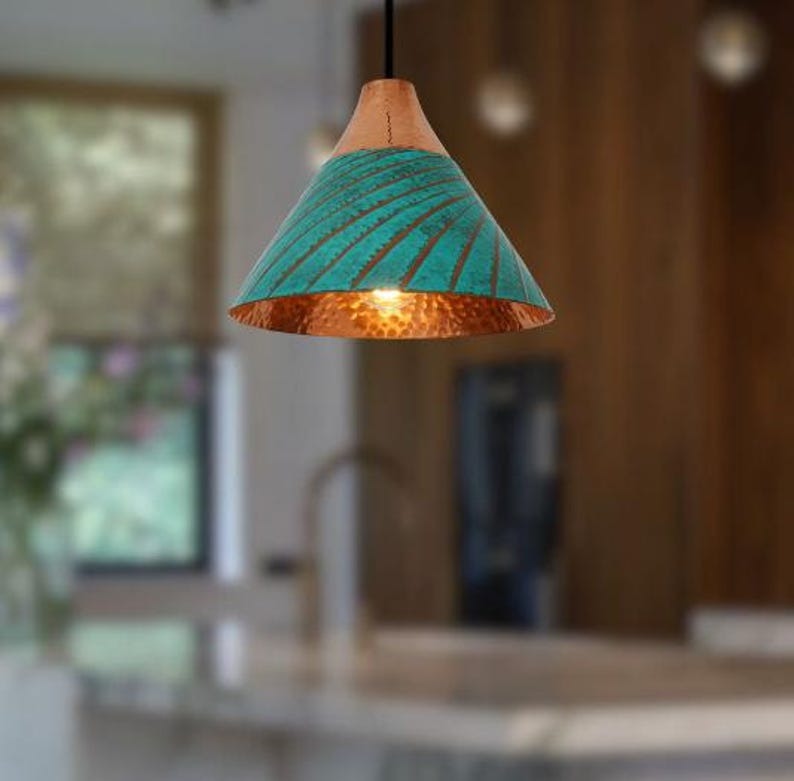 Handmade Turquoise Patina Brass Pendant Light – Moroccan Cone Dome Hanging Lamp with Copper Top & Warm Hammered Interior for Kitchen Island, Dining Room & Boho Home Décor