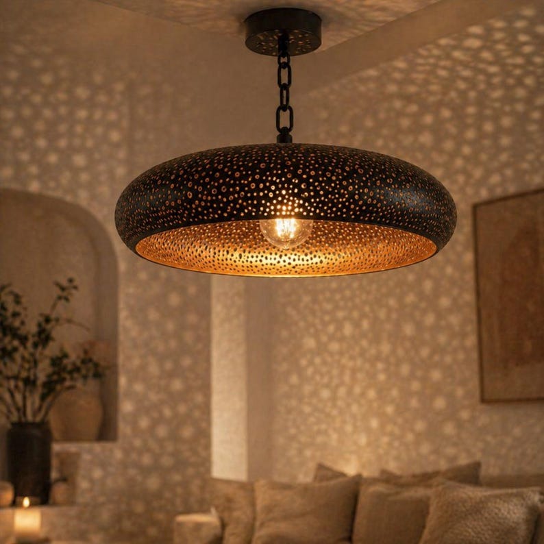 Moroccan Black and Copper Pierced Saucer Pendant Light, Handmade Moorish Dot Pattern Chandelier, Boho Arabic Shadow Lamp, Rustic Two Tone Ceiling Light Fixture