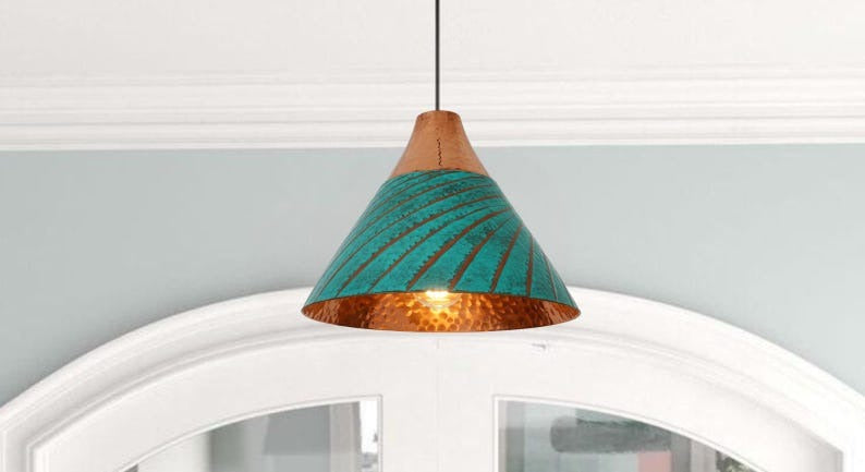 Handmade Turquoise Patina Brass Pendant Light – Moroccan Cone Dome Hanging Lamp with Copper Top & Warm Hammered Interior for Kitchen Island, Dining Room & Boho Home Décor