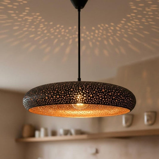 Moroccan Black and Copper Pierced Saucer Pendant Light, Handmade Moorish Dot Pattern Chandelier, Boho Arabic Shadow Lamp, Rustic Two Tone Ceiling Light Fixture