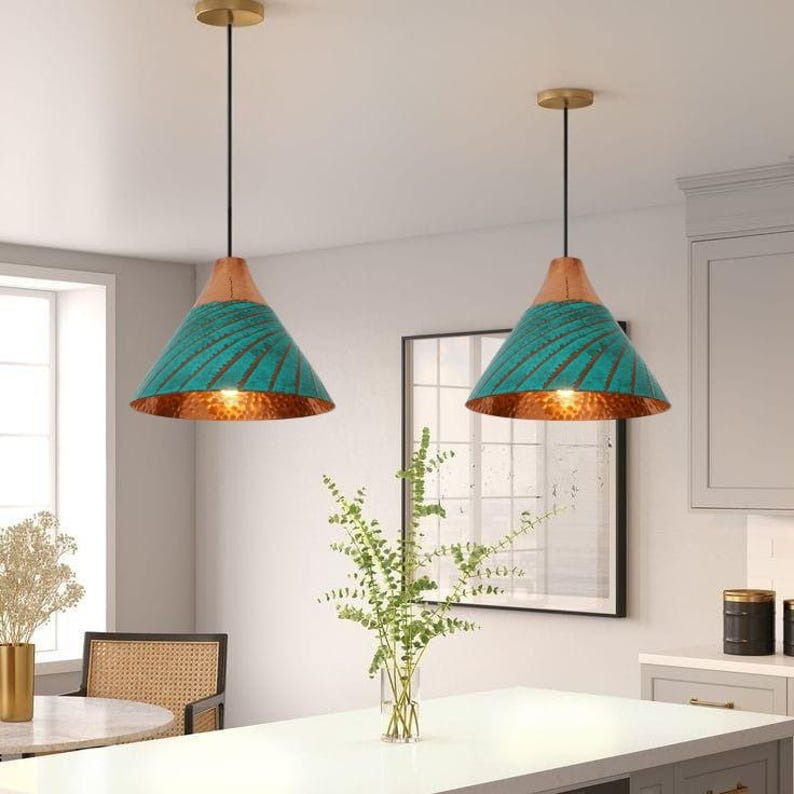 Handmade Turquoise Patina Brass Pendant Light – Moroccan Cone Dome Hanging Lamp with Copper Top & Warm Hammered Interior for Kitchen Island, Dining Room & Boho Home Décor