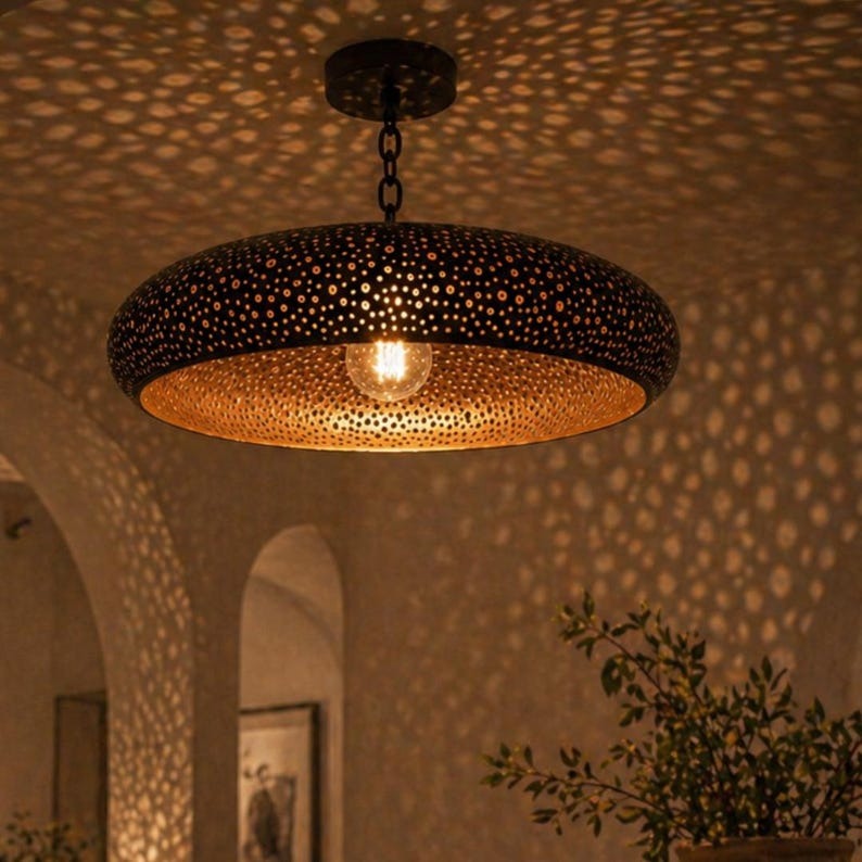 Moroccan Black and Copper Pierced Saucer Pendant Light, Handmade Moorish Dot Pattern Chandelier, Boho Arabic Shadow Lamp, Rustic Two Tone Ceiling Light Fixture