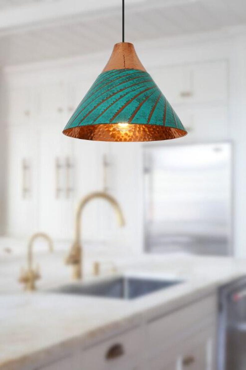 Handmade Turquoise Patina Brass Pendant Light – Moroccan Cone Dome Hanging Lamp with Copper Top & Warm Hammered Interior for Kitchen Island, Dining Room & Boho Home Décor