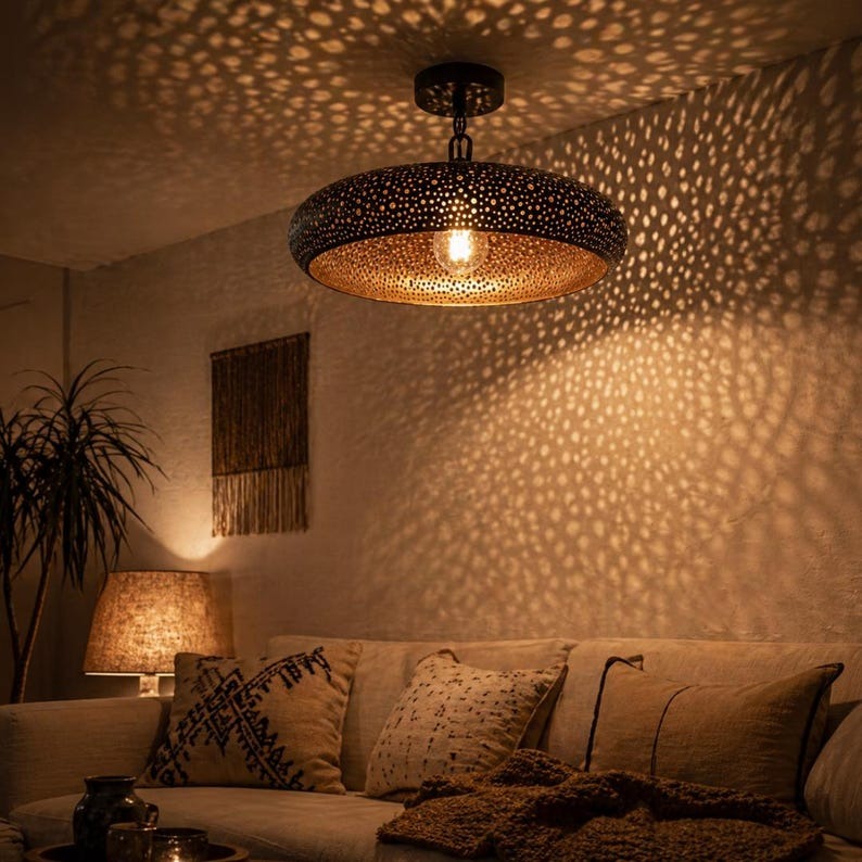 Moroccan Black and Copper Pierced Saucer Pendant Light, Handmade Moorish Dot Pattern Chandelier, Boho Arabic Shadow Lamp, Rustic Two Tone Ceiling Light Fixture
