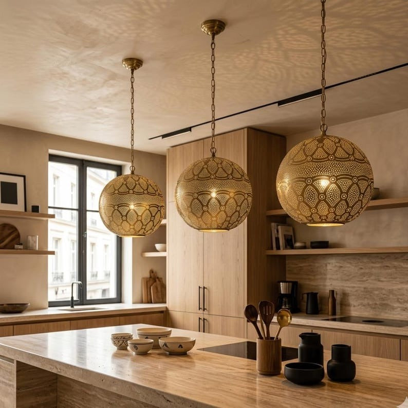 Moroccan Pierced Brass Globe Pendant Light, Handmade Moorish Floral Pattern Hanging Lamp, Boho Arabic Shadow Chandelier, Antique Gold Filigree Ceiling Light Fixture